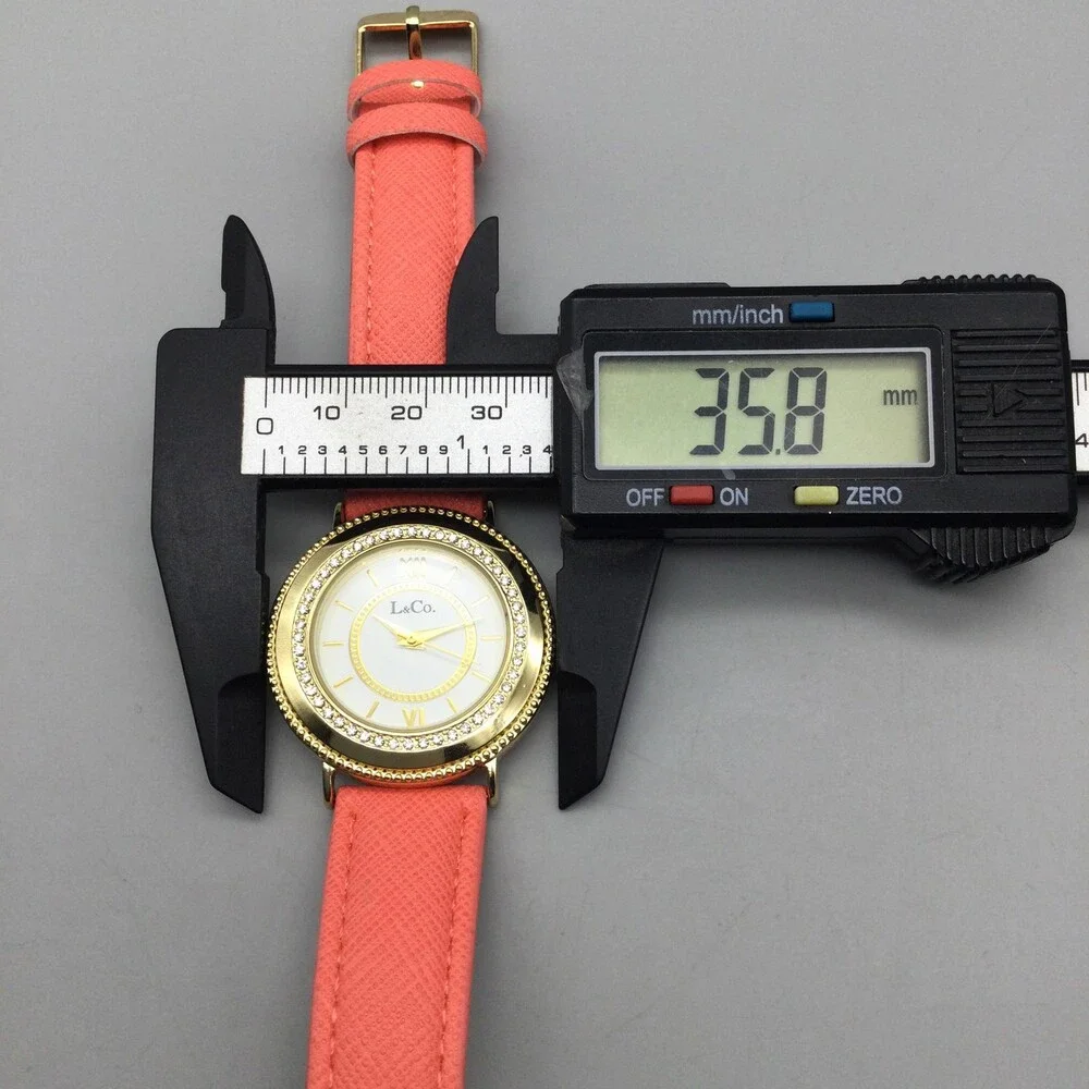L&Co Womens Watch 36mm White Dial Gold Tone Pink Strap Crystals New Battery